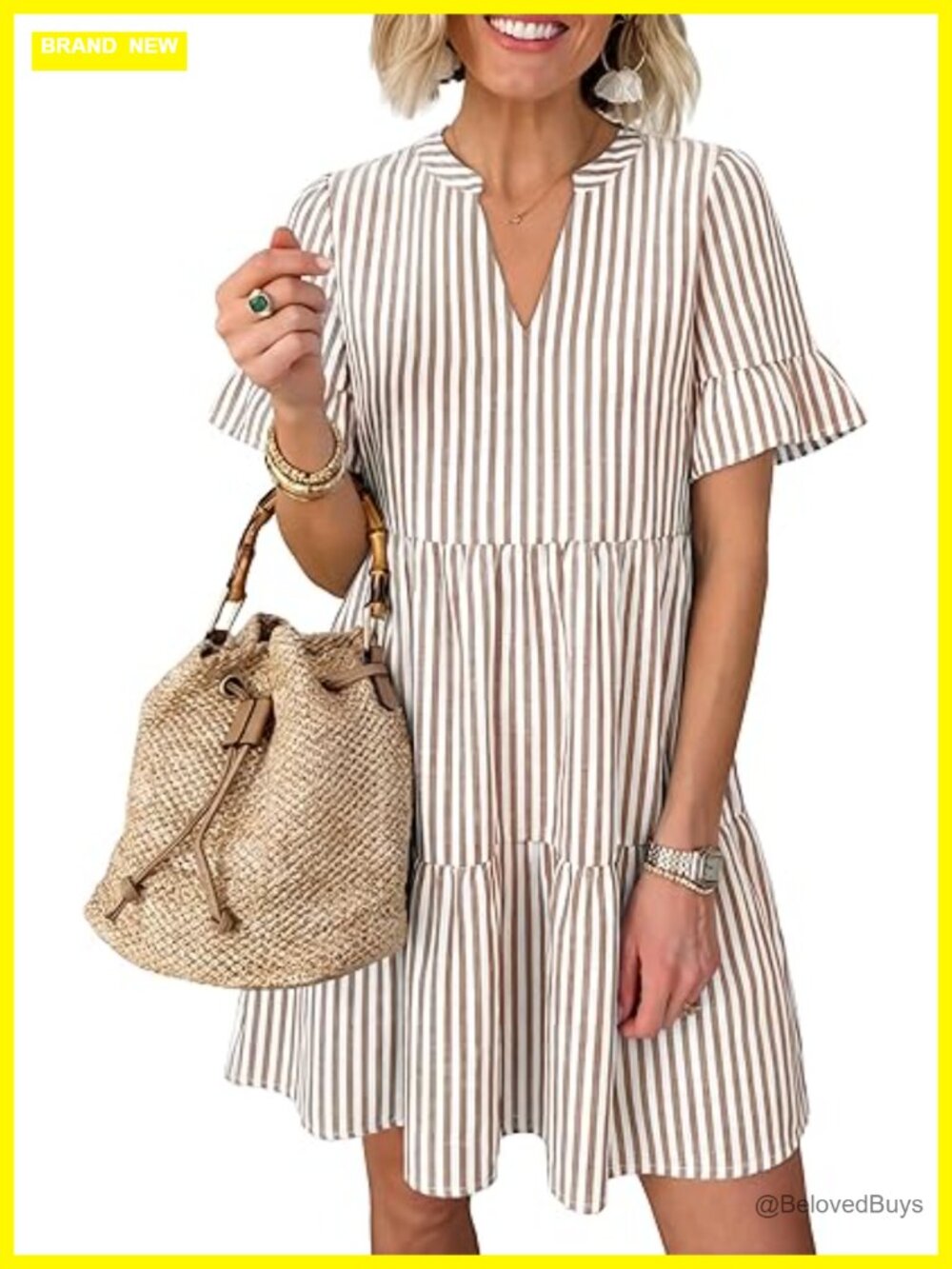 Striped V Neck Ruffle Sleeve A Line Tiered Flowy Mini Dress with Pockets - Picture 1 of 7